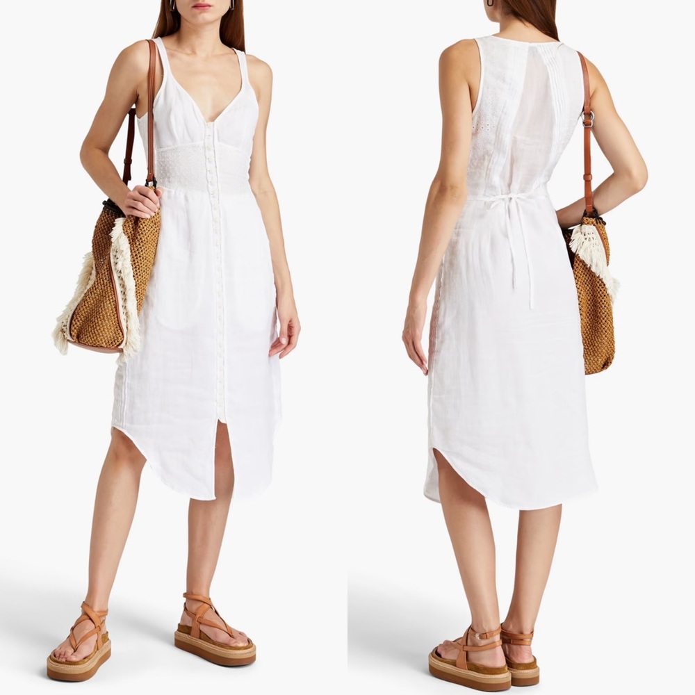 RAG & BONE Criseli Broderie Anglaise Ramie Midi Button Down Dress White NEW